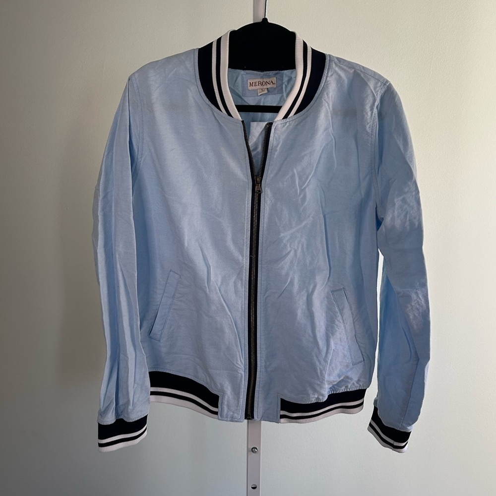Merona Light Blue Varsity Jacket with Black White Trim